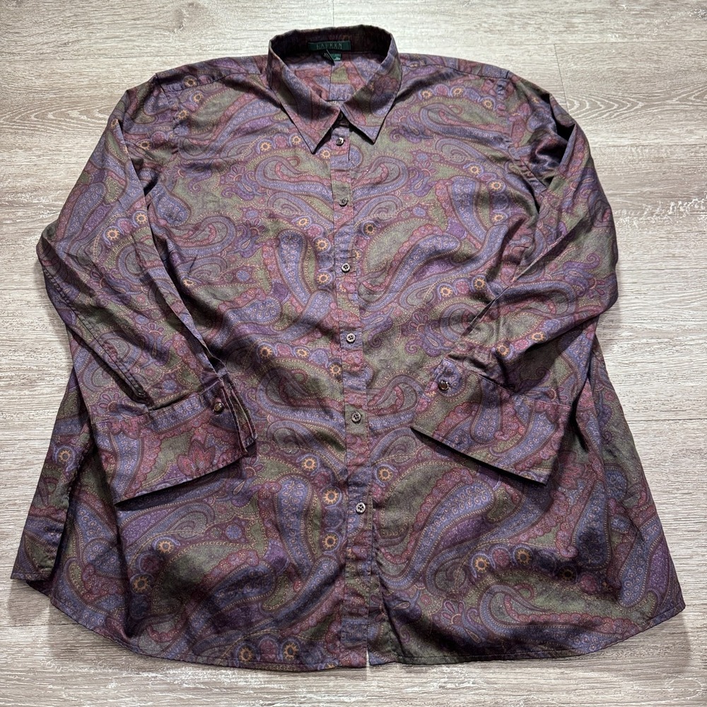 Lauren Ralph Lauren Shirt Women 3X Purple Cotton Paisley Button Up Boho Academia